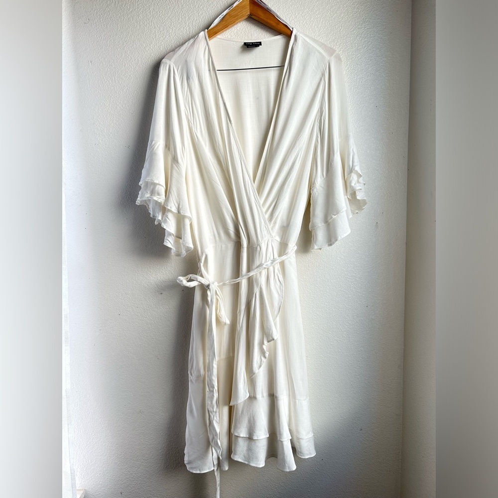City Chic | Evans White Ruffle Hem Wrap Mini Dress - Picture 2 of 7